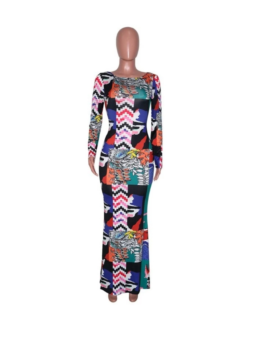 Abstract Geo-Print Long Sleeve Maxi Dress - Multi